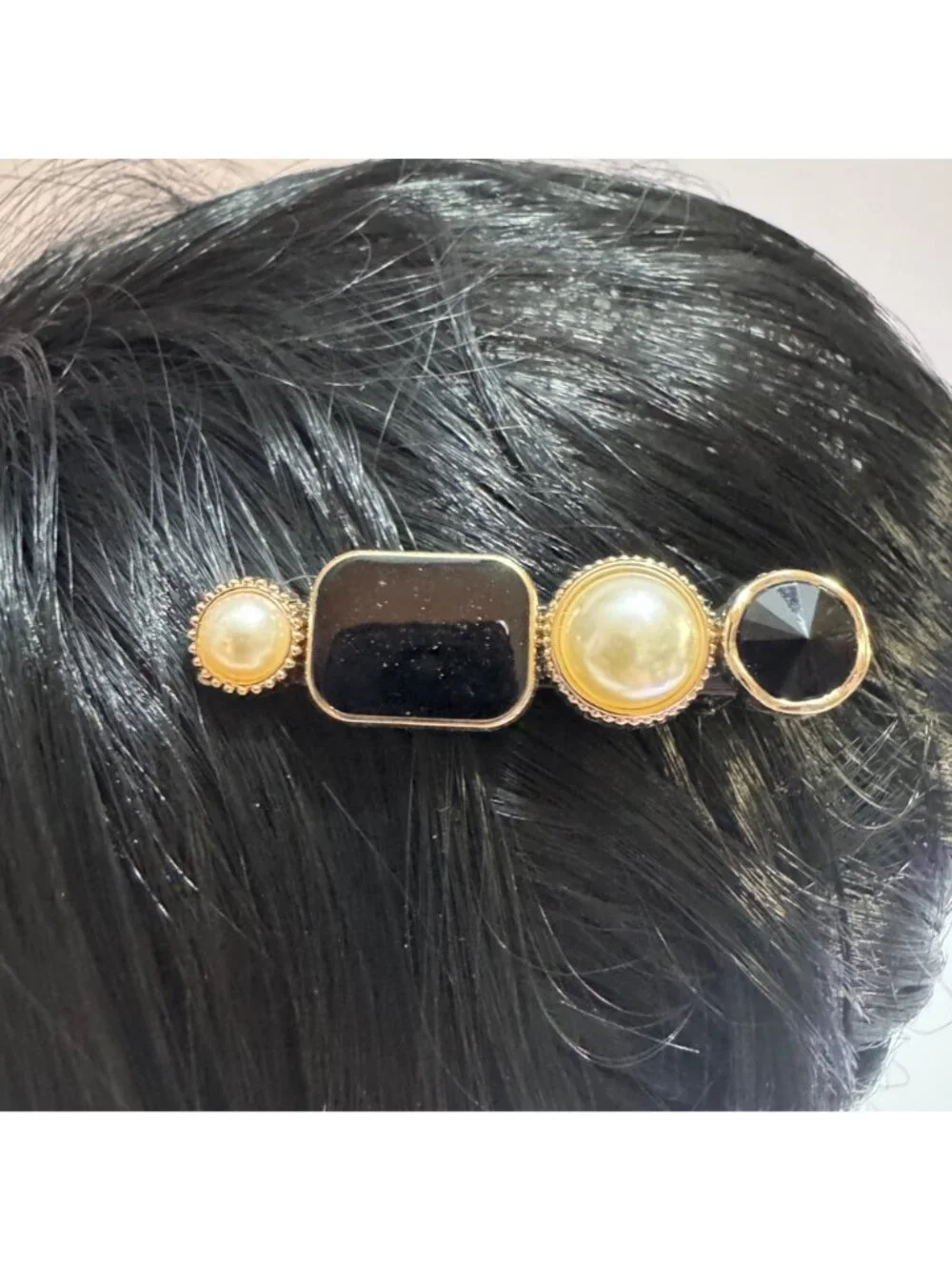 Black & Gold Hair Clip With Faux Pearls & Black Stones Womens Hair Accessory - N